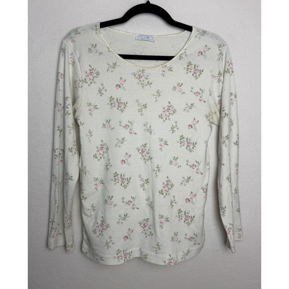 Ocello Women's Long Sleeve Ivory Shirt Size M Floral Cottage Shabby Chic
